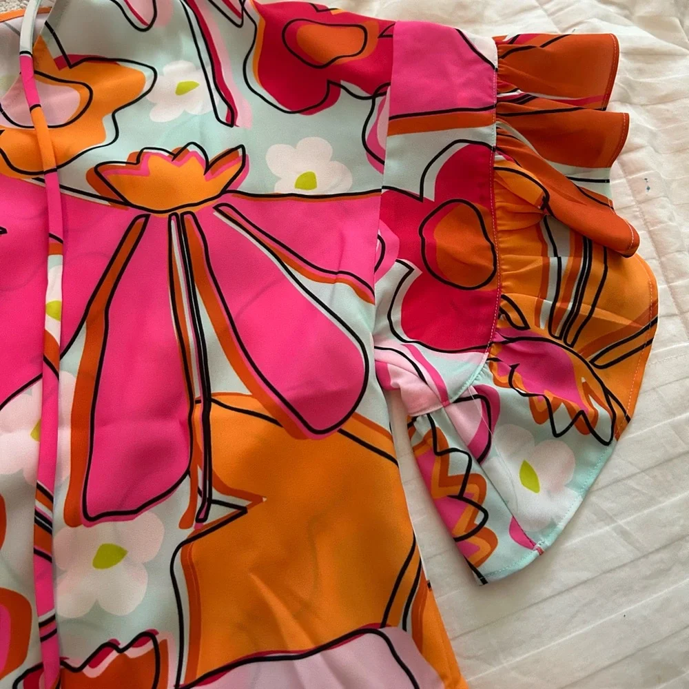 NWOT CROSBY by Mollie Burch Pink and Orange Floral Blouse, Size Large - Picture 4 of 15